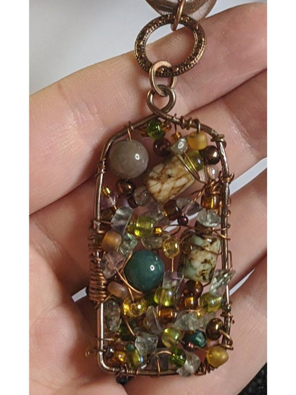 Handmade Abstract Beaded Pendant Necklace With Multicolor Beads & Wire Wrapped D